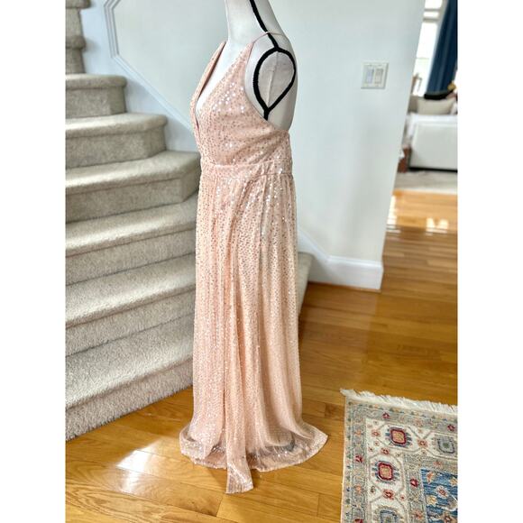 Lulus Blush Pink Sequin Plunge V-Neck Backless Maxi Thigh Slit Gown - Picture 4 of 9